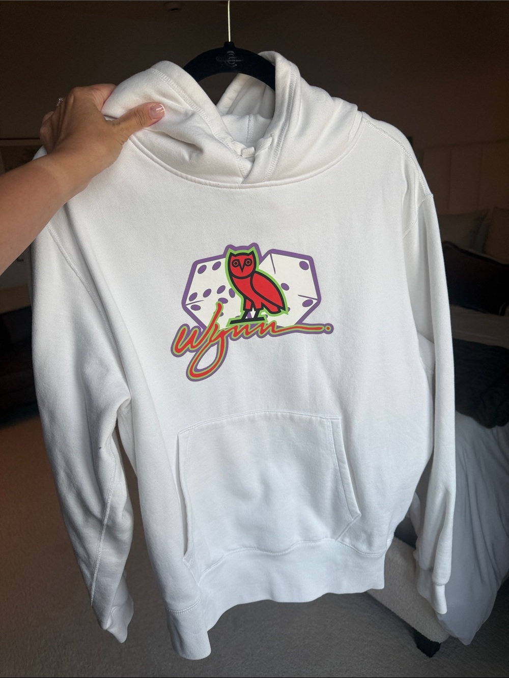 OVO WYNN White Hoodie with Red Owl & Purple Dice Graphic